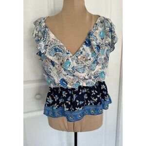 Stitch Fix Nine Britton Women’s Blue Floral Faux Wrap Ruffle Tank Top Size S